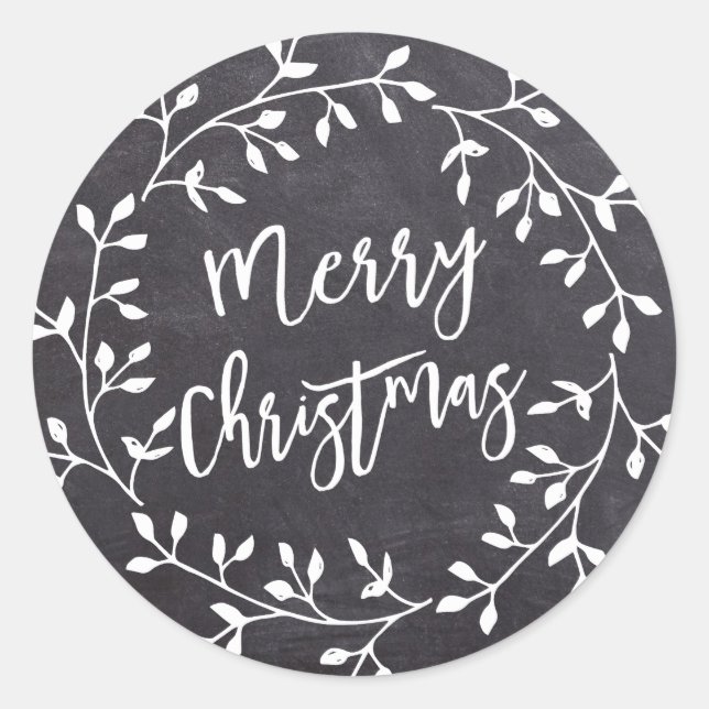 Black White Merry Christmas Chalkboard Wreath Classic Round Sticker (Front)