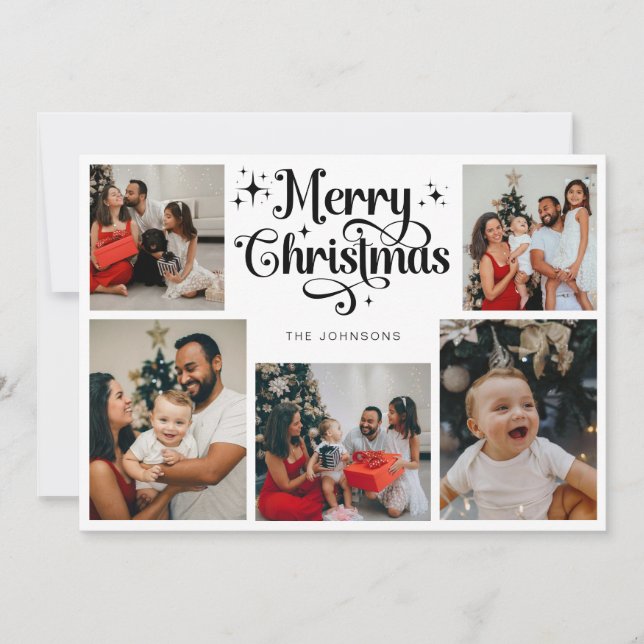 Black & White Merry Christmas Family Photo Collage Holiday Card (Front)