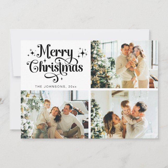 Black & White Merry Christmas Family Photo Collage Holiday Card (Front)