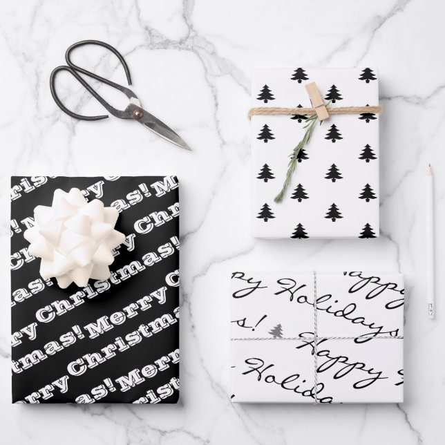 Black White Merry Christmas Happy Holidays Wrapping Paper Sheet (Front)