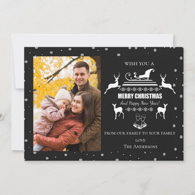 Black White Merry Christmas Happy New Year Photo Holiday Card (Front)