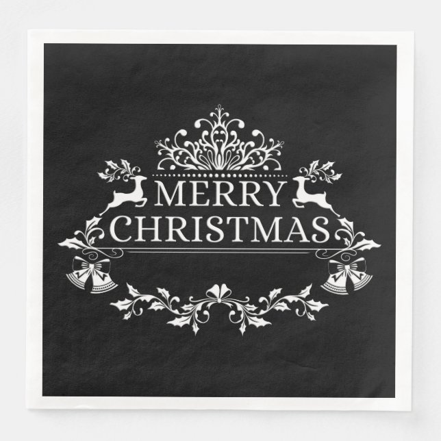 Black & White Merry Christmas Paper Napkins (Front)