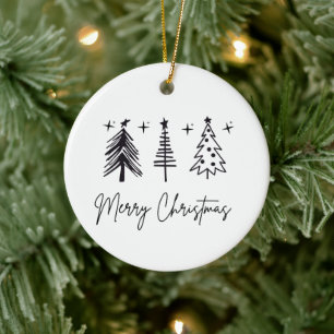 Black White Merry Christmas Tree Holiday Card Ceramic Tree Decoration