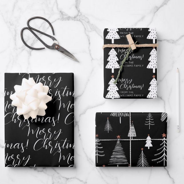 Black White Merry Christmas Tree Name Wrapping  Wrapping Paper Sheet (Front)
