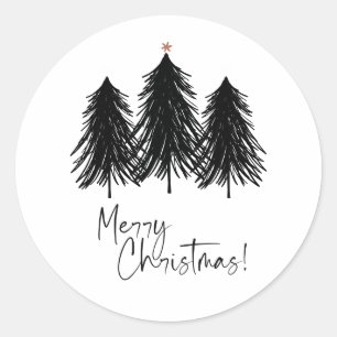 Black White Merry Christmas Trees Holiday Classic Round Sticker