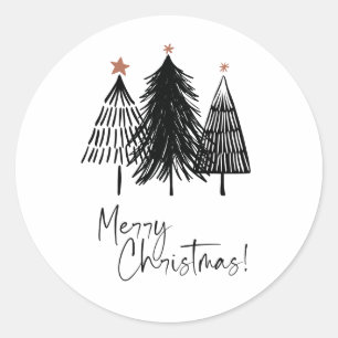 Black White Merry Christmas Trees Star Classic Round Sticker