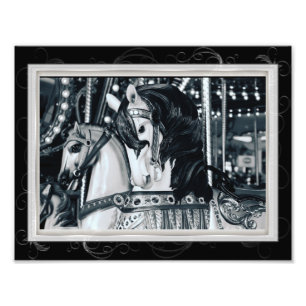 Black White Merry Go Round Carousel Horses Photo Print