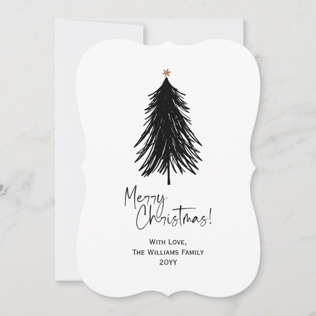 Black White Merry Simple Christmas Tree  Holiday Card (Front)