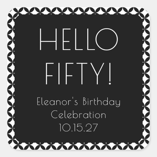 Black White Mid Century Mod 50th Birthday Custom Square Sticker (Front)