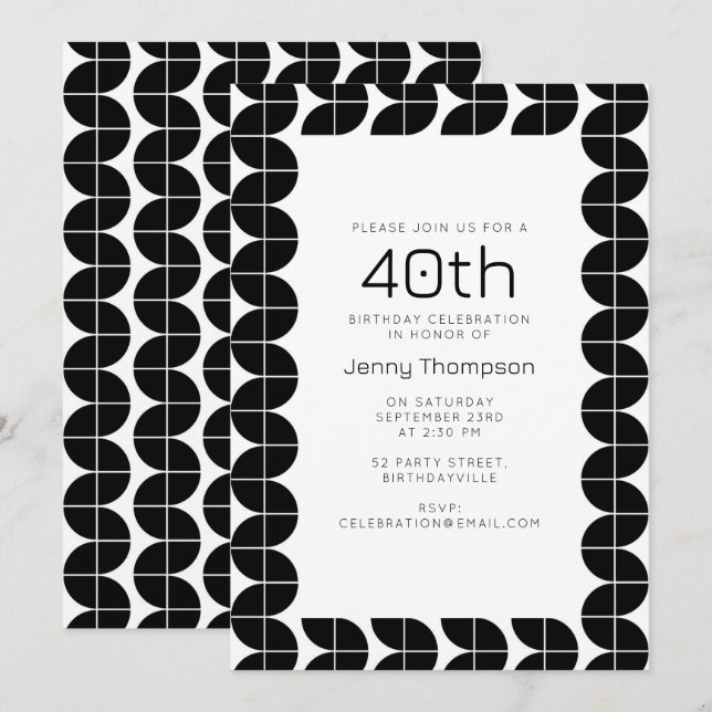 Black & White Mid Century Modern Abstract Birthday Invitation (Front/Back)