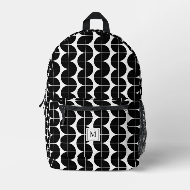 Black & White Mid Century Modern Abstract Monogram Printed Backpack (Front)