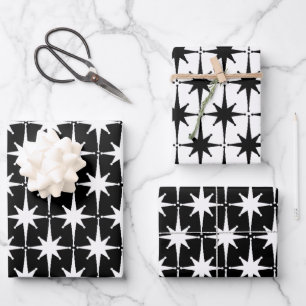 Black & White Midcentury Modern Retro Starbursts Wrapping Paper Sheet