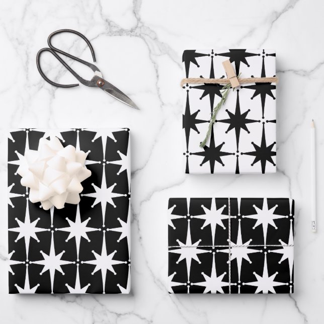 Black & White Midcentury Modern Retro Starbursts  Wrapping Paper Sheet (Front)