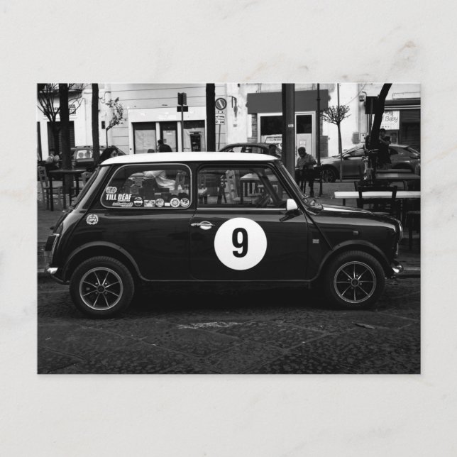 Black & White Mini Cooper Car Number 9 postcard  (Front)