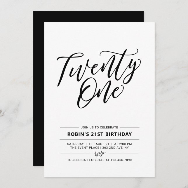 Black & White  Minimal 21st Birthday Party Invitation (Front/Back)