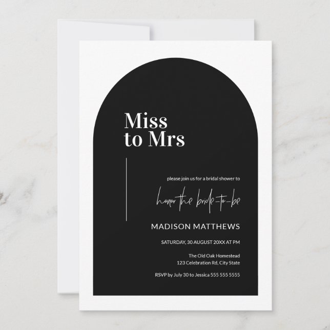 Black & White Minimal Arch Miss Mrs Bridal Shower  Invitation (Front)