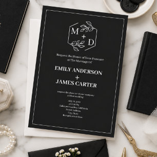 Black White Minimal Botanical Monogram Wedding  Invitation