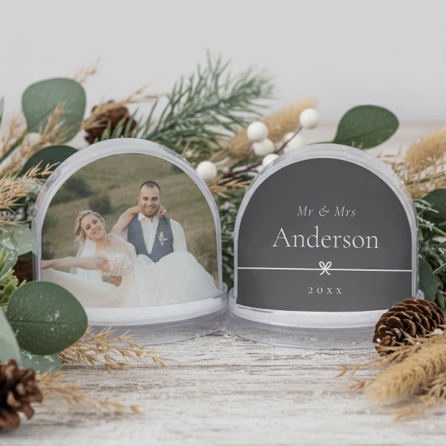 Black & White Minimal Bow Newlyweds Wedding Photo Snowglobe (Creator Uploaded)