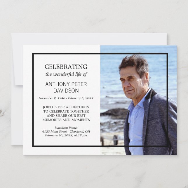 Black White Minimal Celebrating Life Custom Photo Invitation (Front)