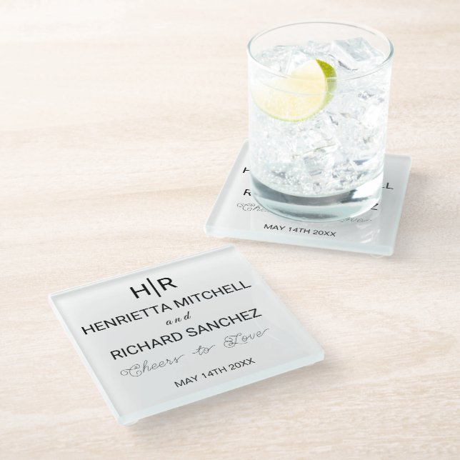 Black & White Minimal Clean Monogram Wedding  Glass Coaster (Angled)