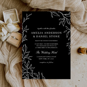 Black & White Minimal Elegant Leaf Wedding  Invitation
