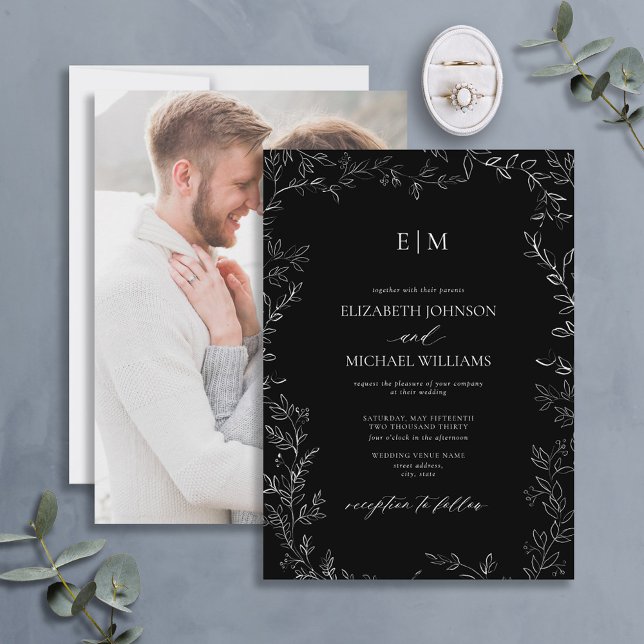 Black White Minimal Leaf Photo Monogram Wedding Invitation (Creator Uploaded)