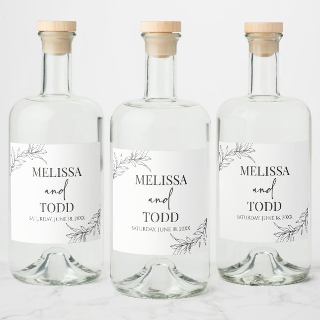 Black White Minimal Minimalist Branch Leaf Wedding Liquor Bottle Label (Bottles)