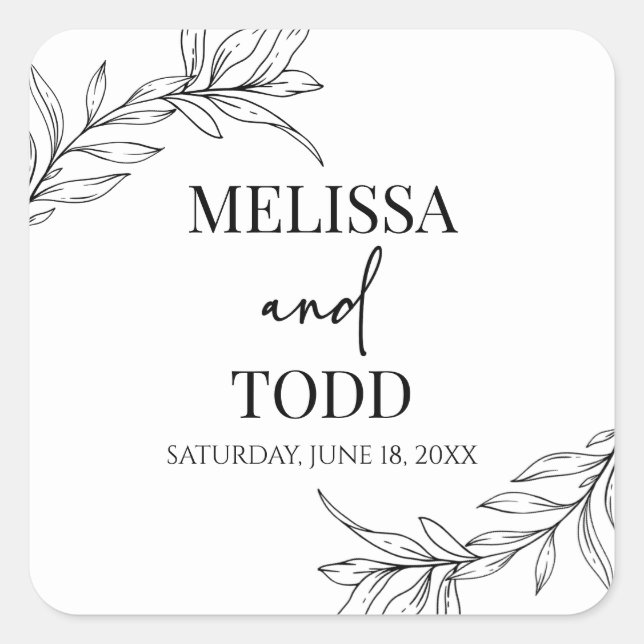 Black White Minimal Minimalist Branch Leaf Wedding Square Sticker (Front)