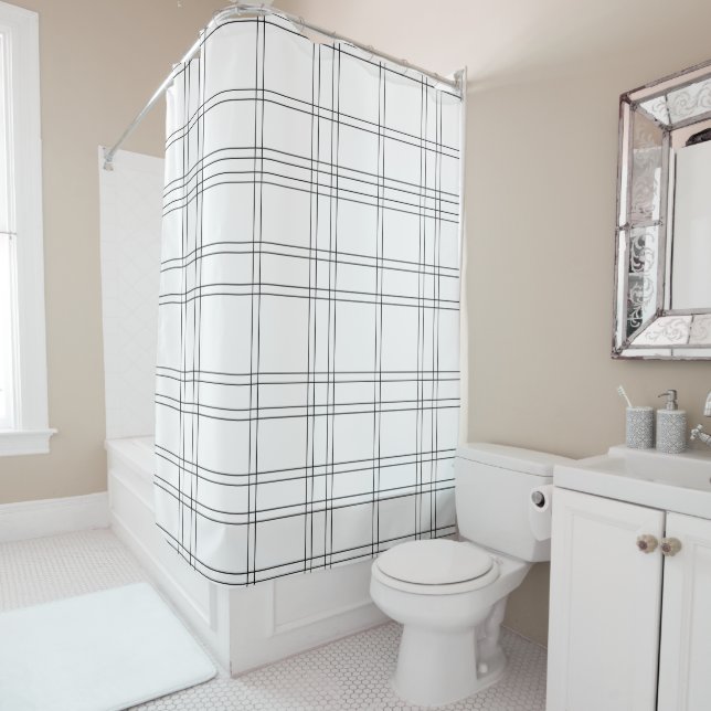 Black & White Minimal Modern Plaid Clean Pattern Shower Curtain (In Situ)