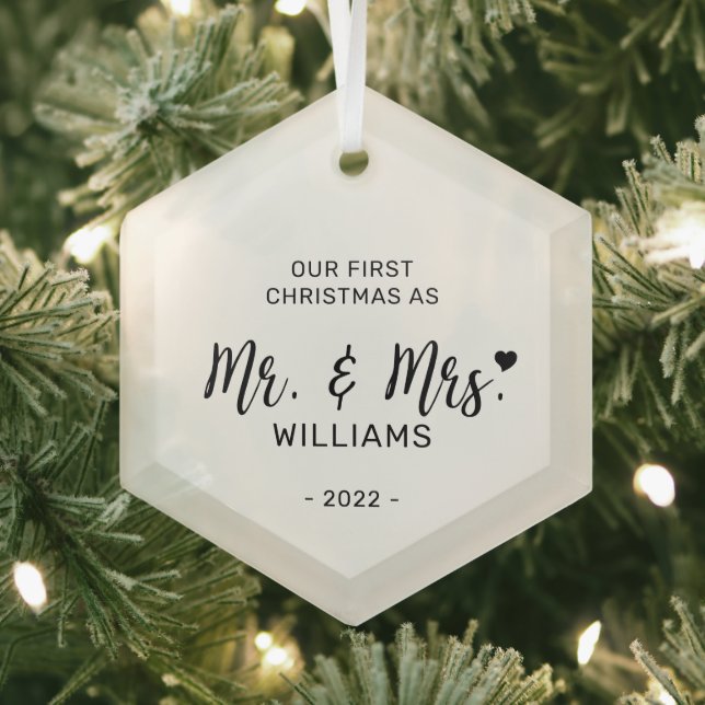 Black & White Minimal Mr. Mrs. First Christmas Glass Tree Decoration (Insitu)
