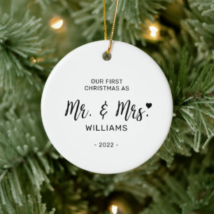 Black & White Minimal Mr Mrs First Christmas Photo Ceramic Tree Decoration