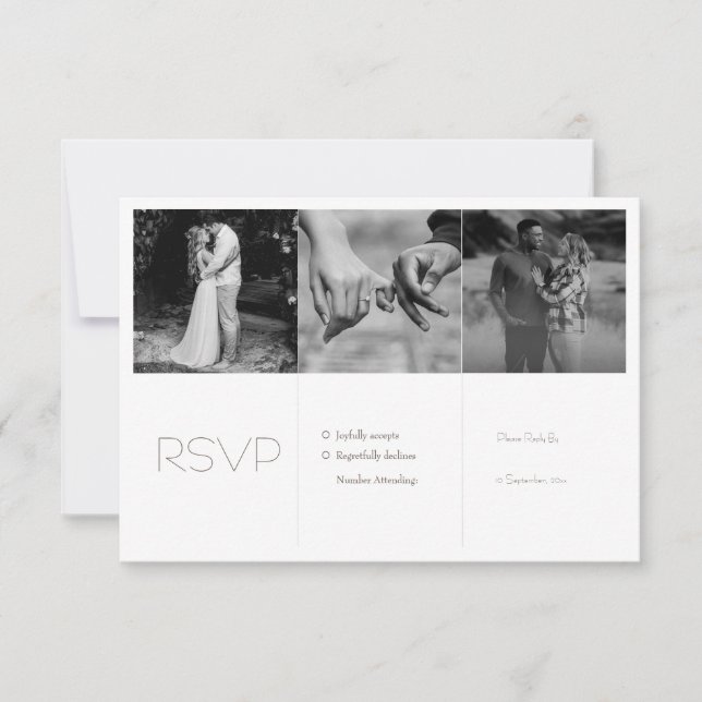 Black & White Minimal Photo collage Wedding RSVP Card (Front)