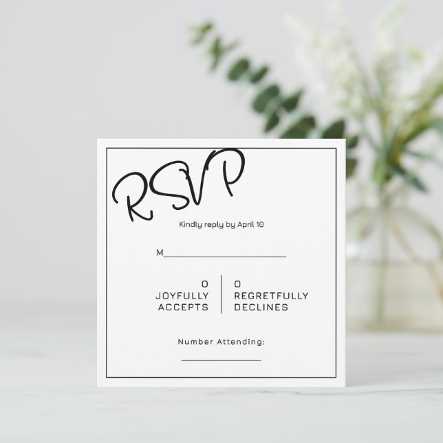 Black& White Minimal Square Wedding RSVP Card (Standing Front)