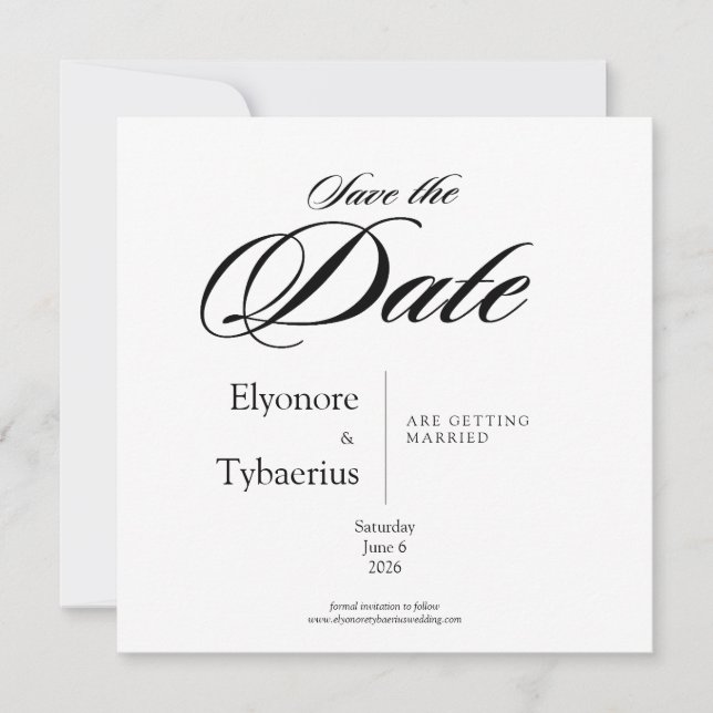 Black & White Minimal Square Wedding Save the Date Card (Front)
