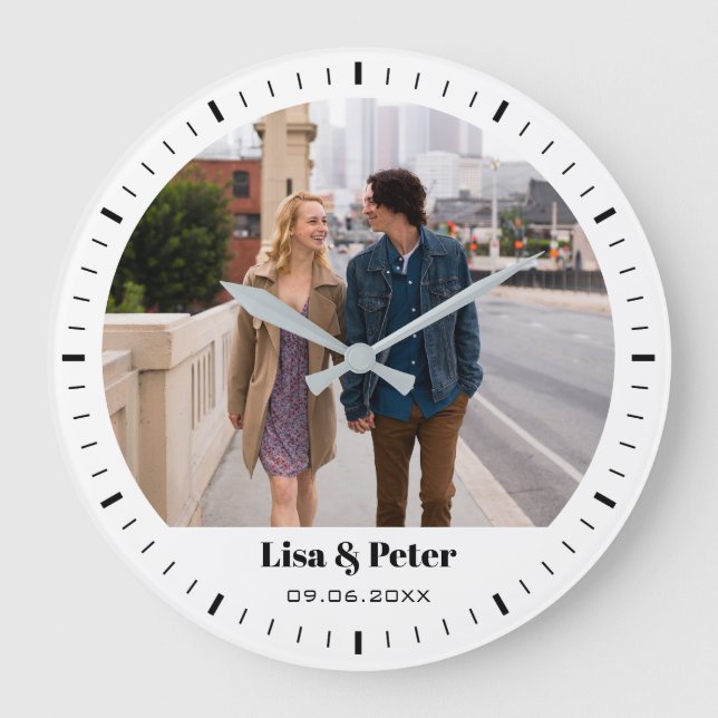 Black & White Minimal Valentine Wedding Large Clock (Front)