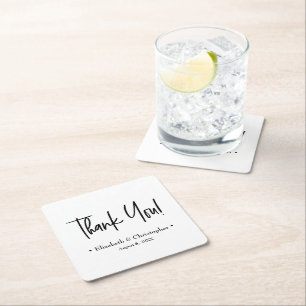 Black White Minimal Wedding Thank You favour Square Paper Coaster