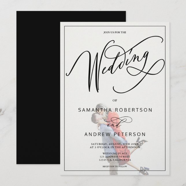 Black white minimalist calligraphy photo wedding invitation (Front/Back)