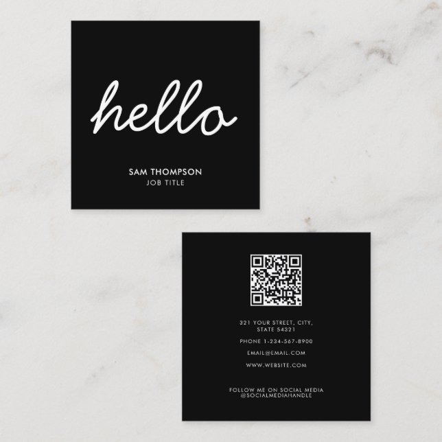 Black & White Minimalist Clean Simple QR Code Square Business Card (Front/Back)