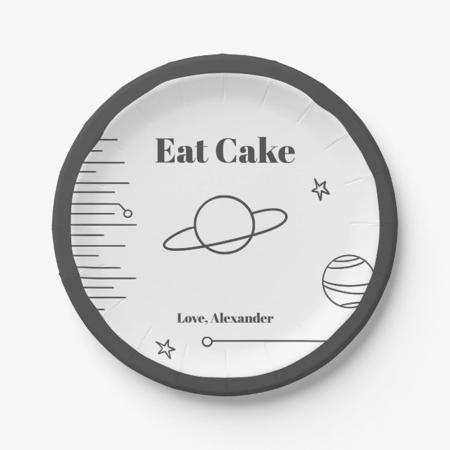 Black White Minimalist Eat Cake Space Theme Planet Paper Plate (Front)