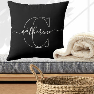 Black White Minimalist Elegant Script Monogram Cushion