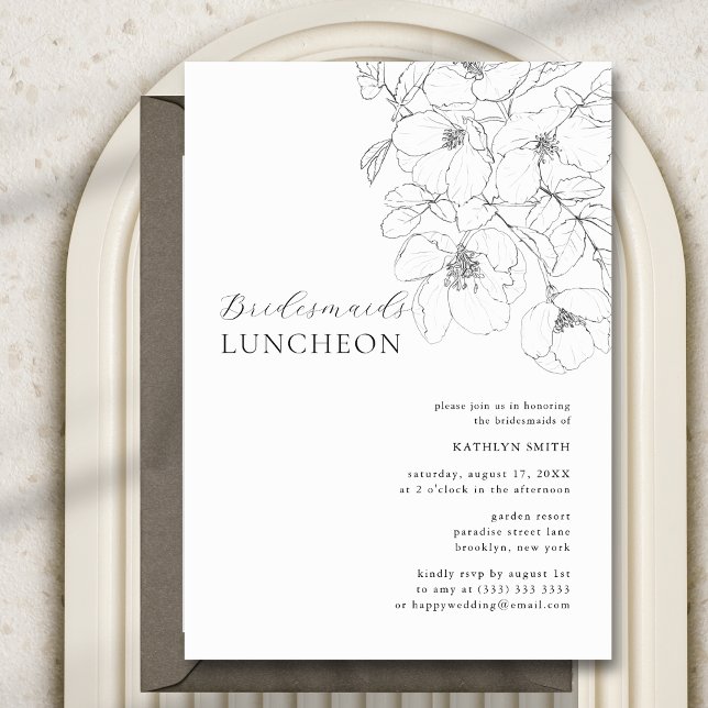 Black White Minimalist Floral Bridesmaids Luncheon Invitation (Creator Uploaded)