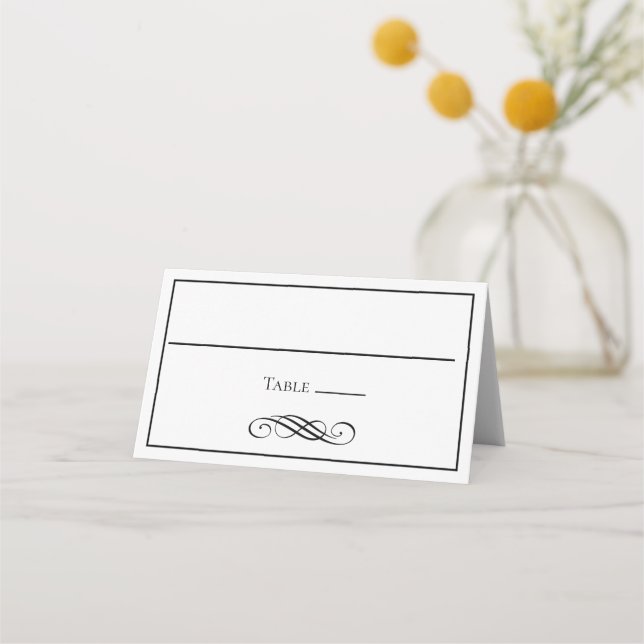 Black White Minimalist Flourish Wedding Place Card (Front)