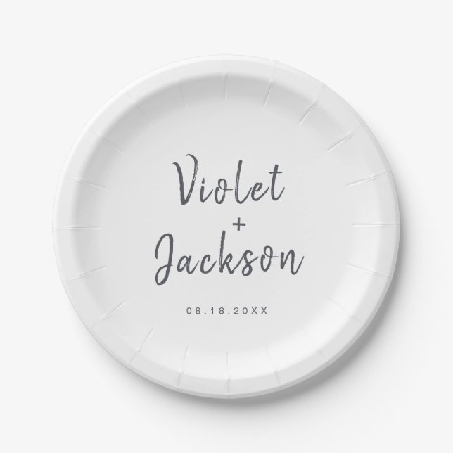 Black white minimalist handwritten script wedding paper plate (Front)