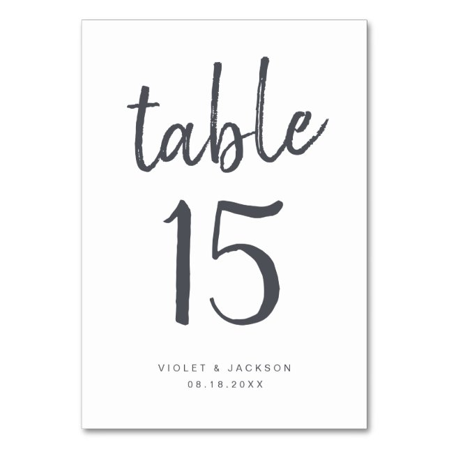 Black white minimalist handwritten script wedding table number (Front)