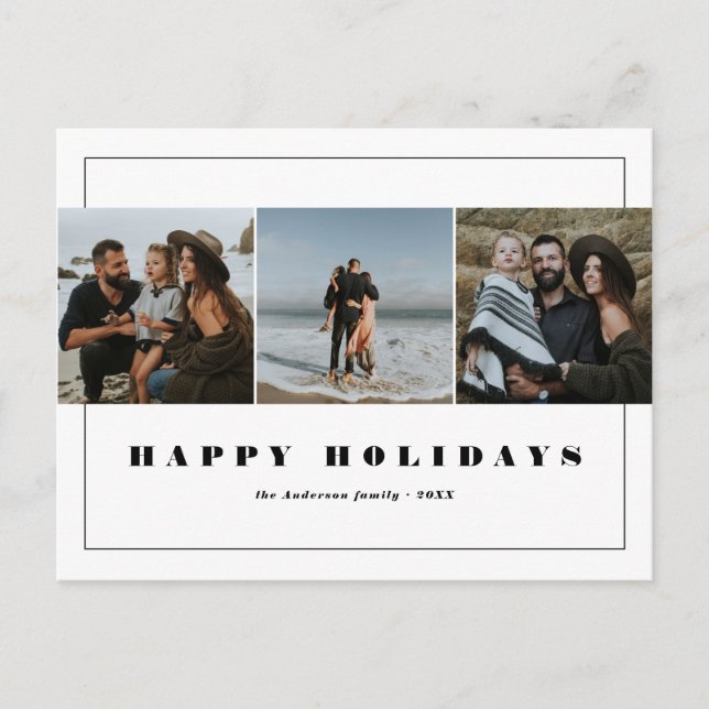 Black & White Minimalist Happy Holidays 3 Photo Holiday Postcard (Front)
