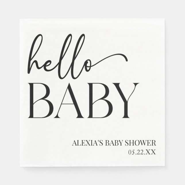 Black White Minimalist Hello Baby Baby Shower Napkin (Front)