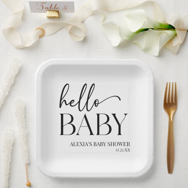 Black White Minimalist Hello Baby Baby Shower Paper Plate (Wedding)
