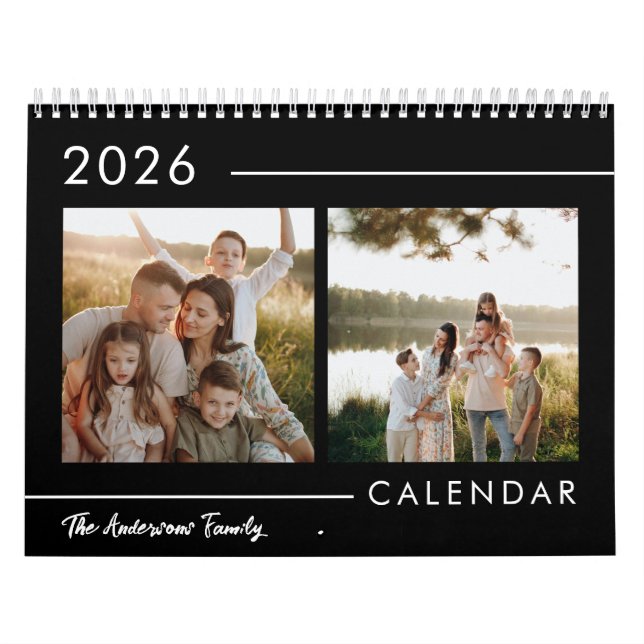 Black & White Minimalist Modern Family Photo 2026  Calendar (Cover)