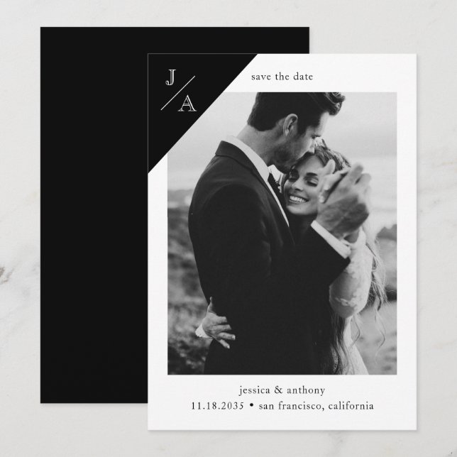 Black White Minimalist Modern Monogram Photo Save The Date (Front/Back)