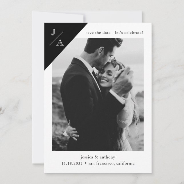 Black White Minimalist Monogram Photo Celebrate Save The Date (Front)